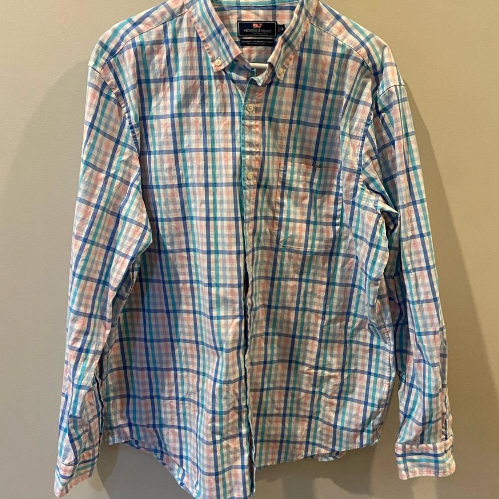 Vineyard Vines Blue and Pink Plaid Casual Shirt men’s striped XL button down